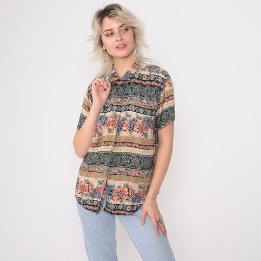 90s O.P.S New York Striped Floral Button-Up Blouse Navy Pink Cream Medium