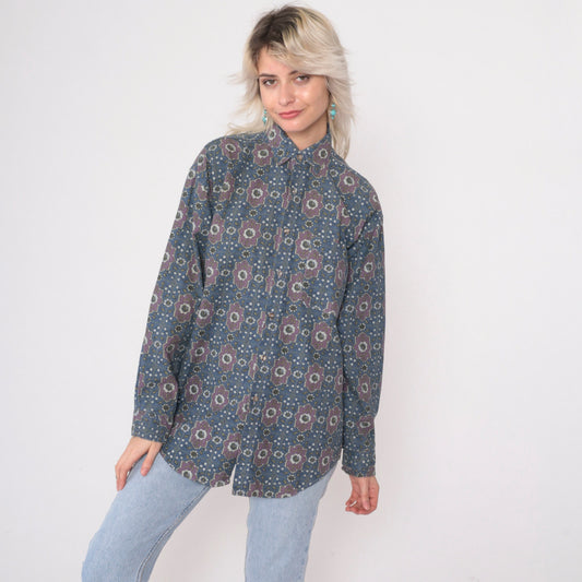 90s Red Eye by Marc Daniels Geometric Medallion Floral Button Up Shirt Small