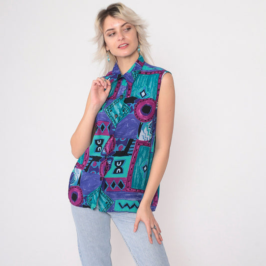 90s Geometric Patchwork Button-Up Tank Top Rayon Purple Blue Small