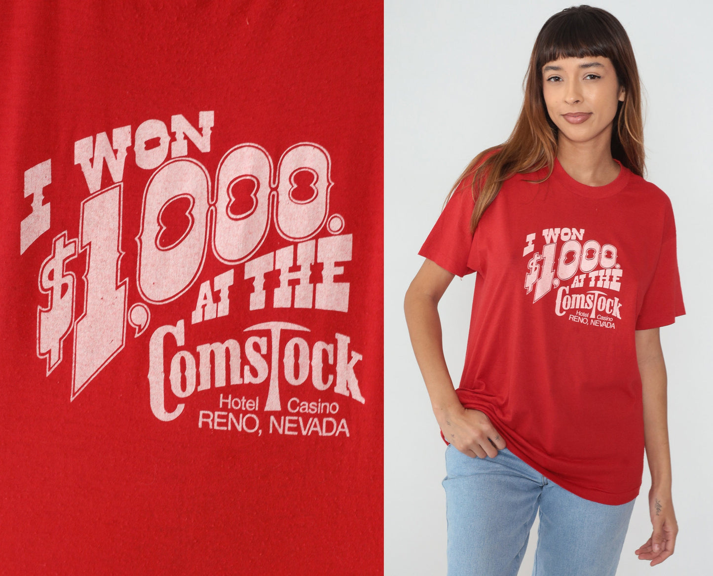 80s Comstock Hotel Casino Reno Nevada Graphic T-Shirt Red Single Stitch Extra Large