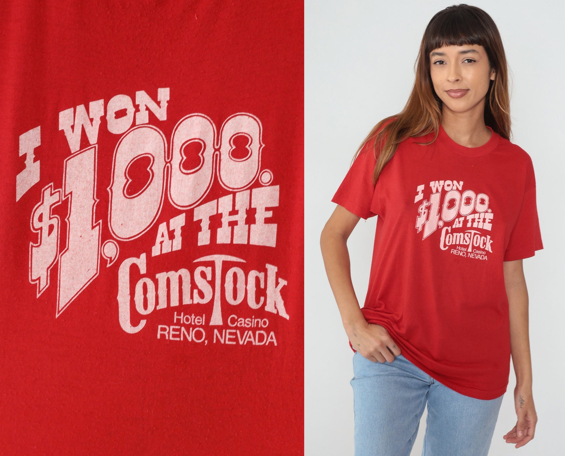 80s Comstock Hotel Casino Reno Nevada Graphic T-Shirt Red Single Stitch Extra Large