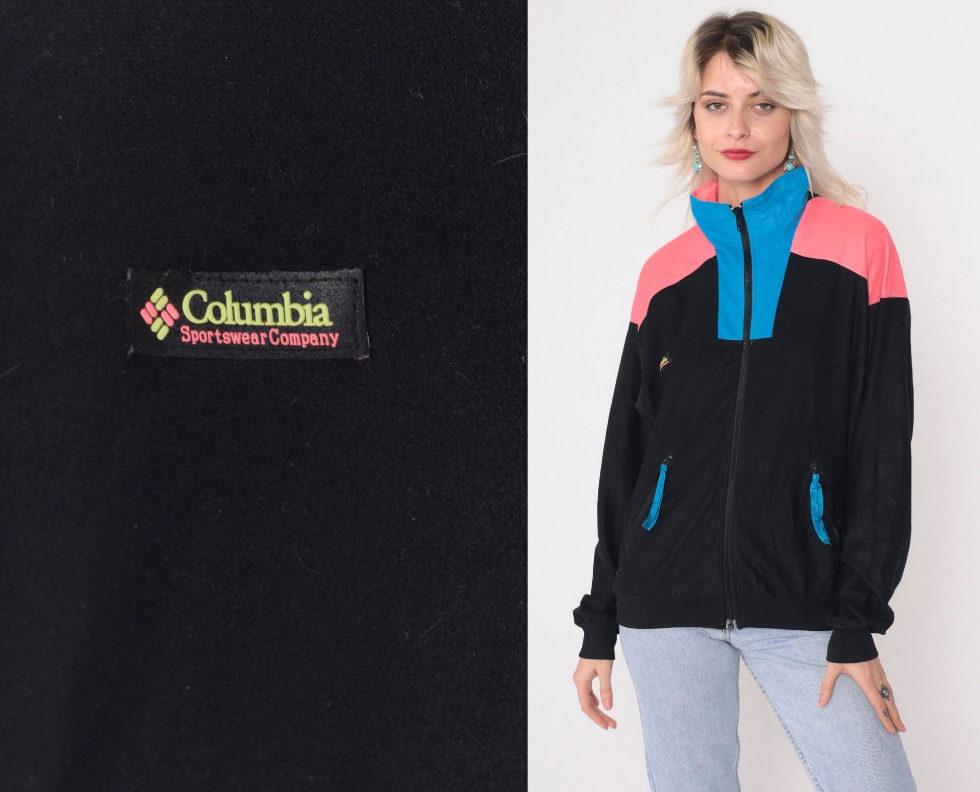 90s Columbia Black Windbreaker Jacket Hot Pink Blue Color Block Small