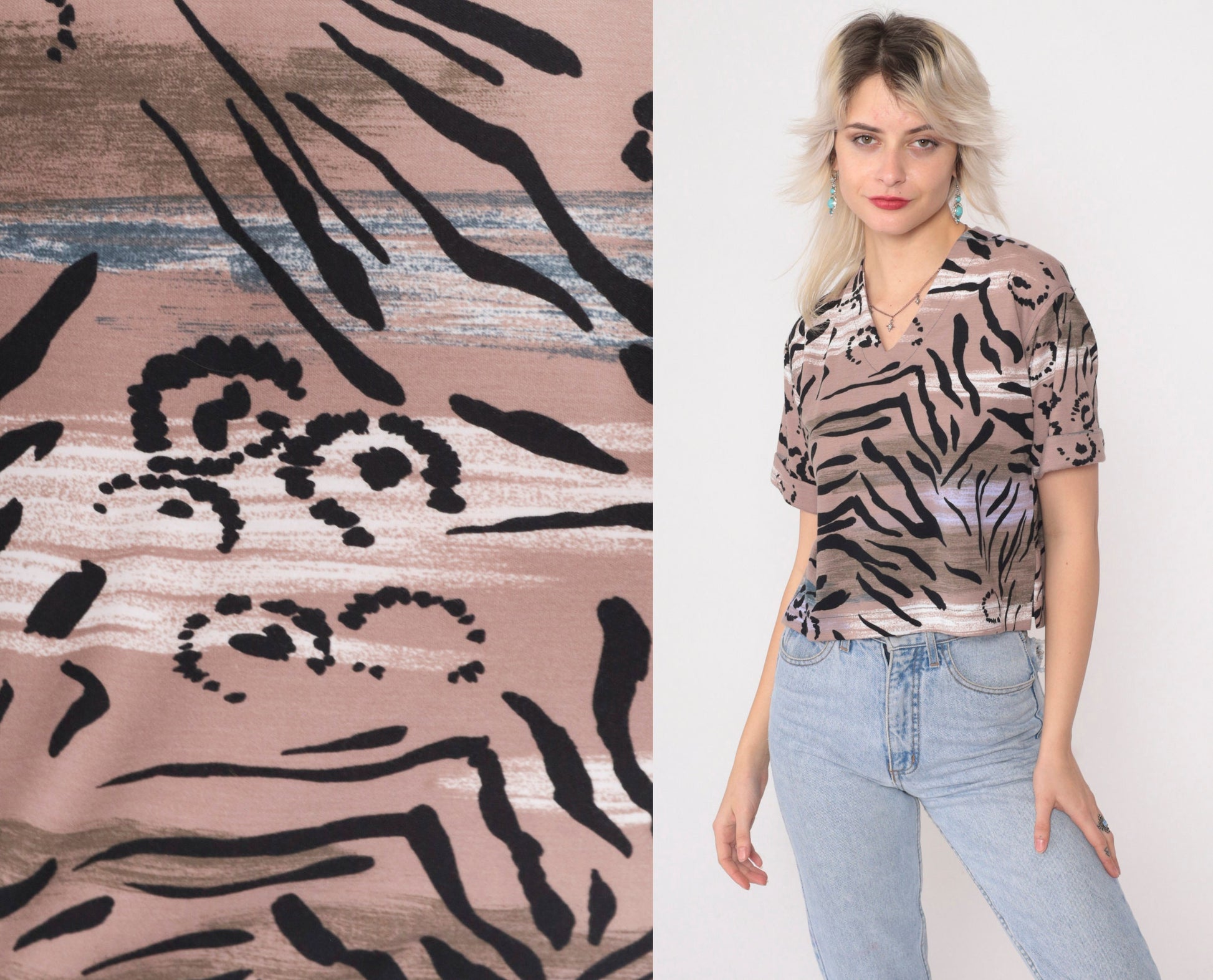90s Tiger Stripe Animal Print V-Neck Tee Cuffed Sleeve Black Taupe Small S