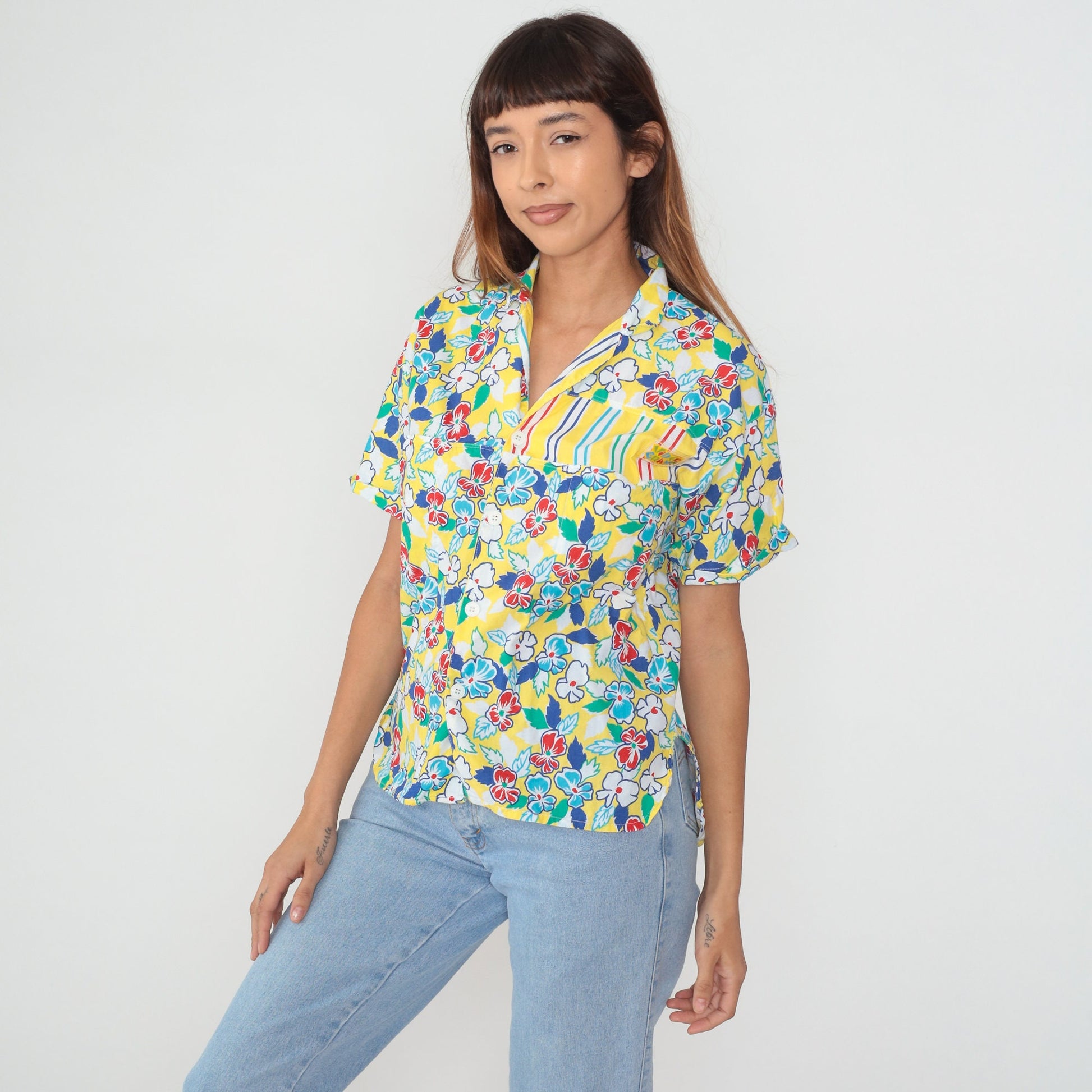 90s Grant Yellow Floral Striped Cotton Button-Up Shirt Large