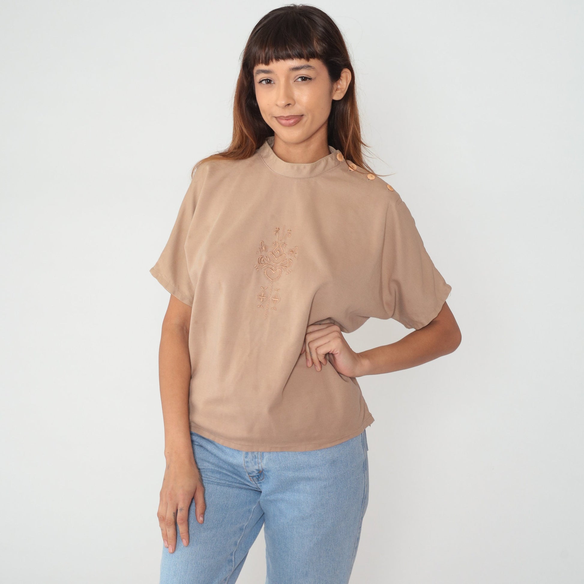 80s Tan Embroidered Floral Heart Blouse Short Sleeve Button Shoulder Cotton Medium