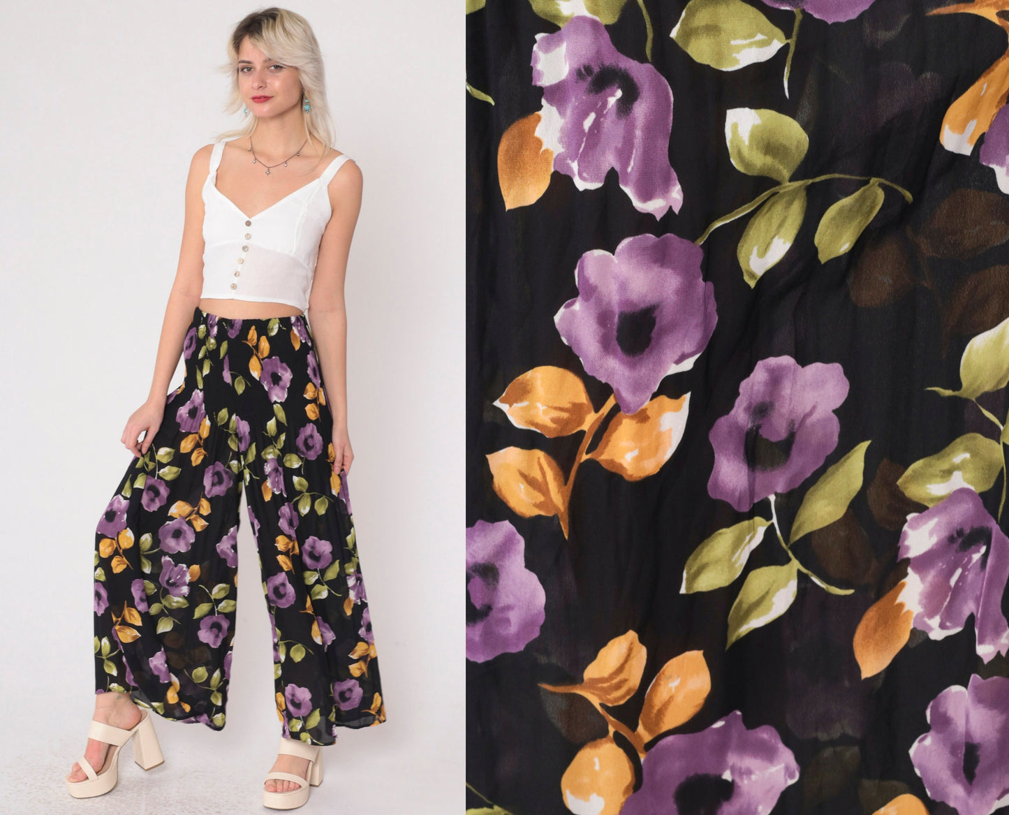 90s Black Floral Palazzo Pants Semi-Sheer High Waist Pleated Wide Leg Small