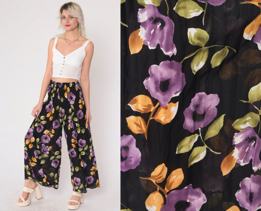 90s Black Floral Palazzo Pants Semi-Sheer High Waist Pleated Wide Leg Small