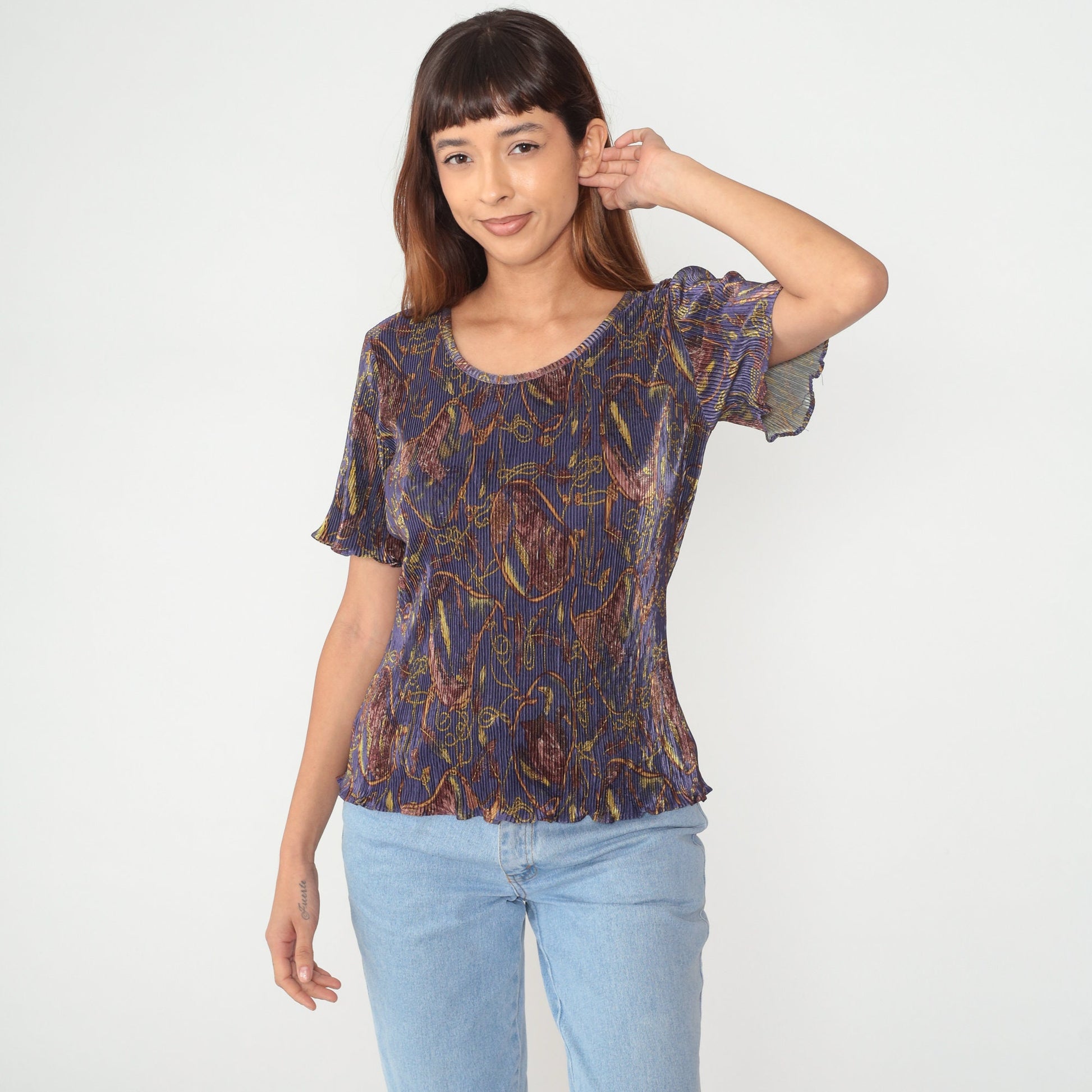 90s Baroque Abstract Print Pleated Blouse Short Sleeve Purple Small Medium