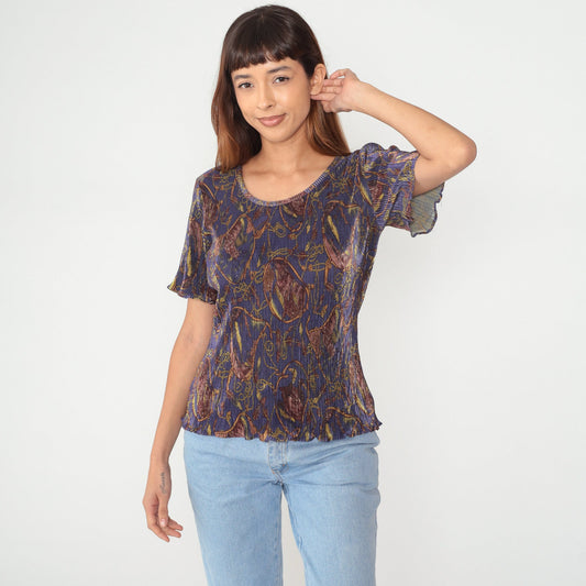 90s Baroque Abstract Print Pleated Blouse Short Sleeve Purple Small Medium