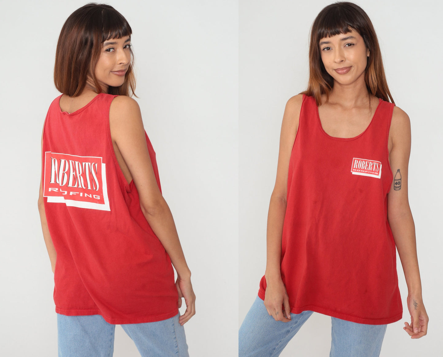 Y2K Robert's Roofing Graphic Tank Top Red Cotton Racerback Extra Large XXL