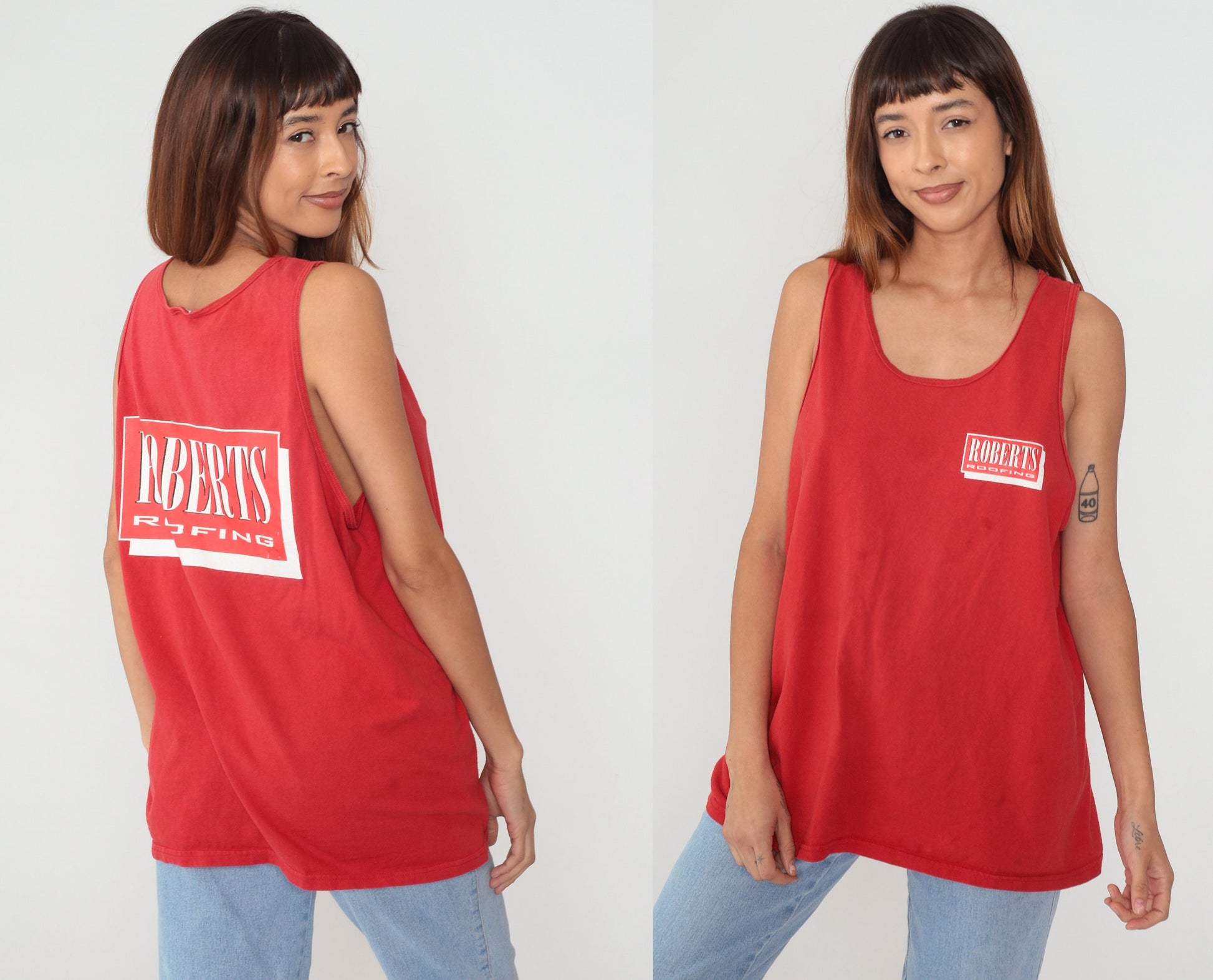 Y2K Robert's Roofing Graphic Tank Top Red Cotton Racerback Extra Large XXL