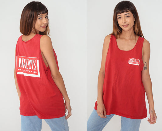 Y2K Robert's Roofing Graphic Tank Top Red Cotton Racerback Extra Large XXL