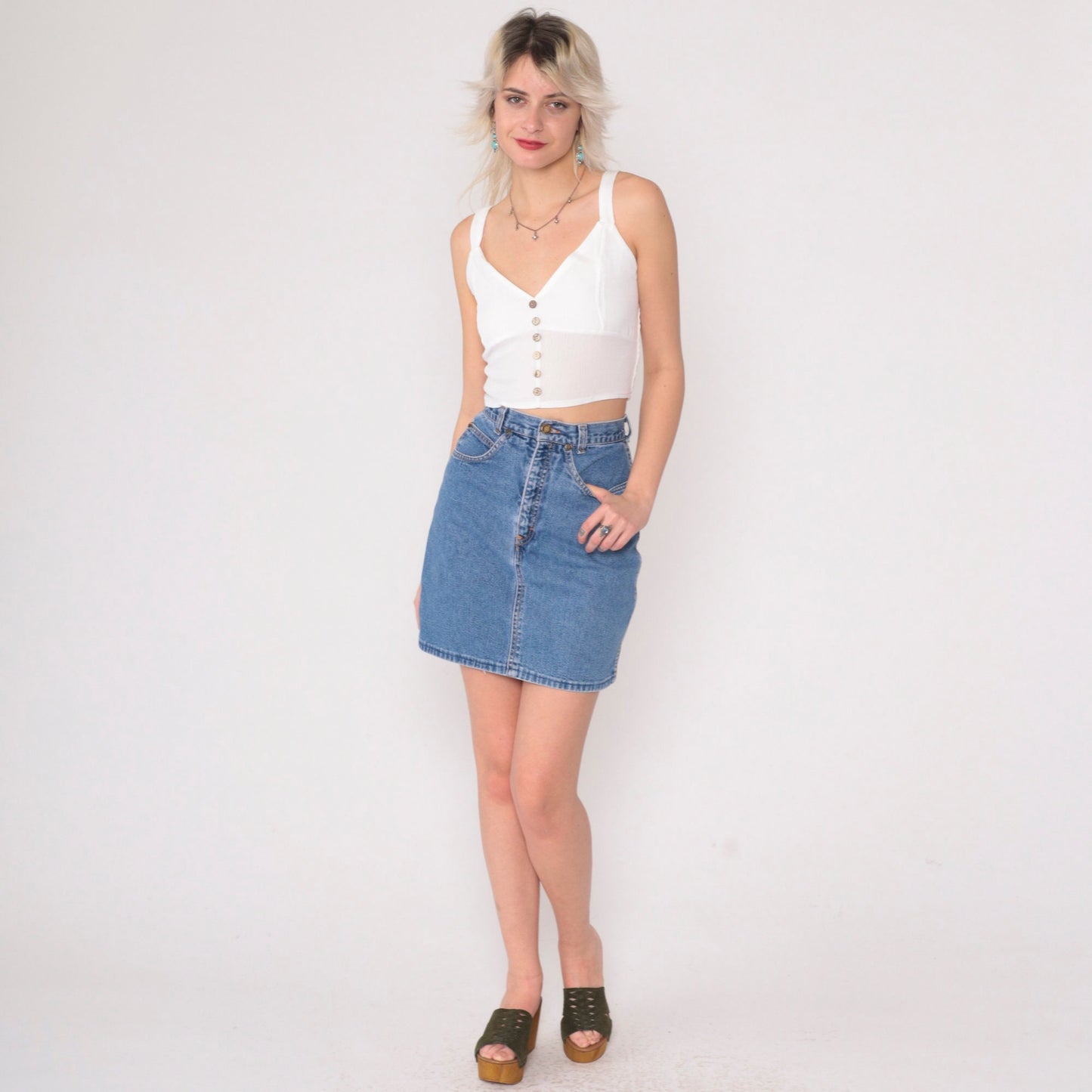 90s Brooks Rugged Wear Denim Mini Skirt High Waisted Pencil Blue Extra Small