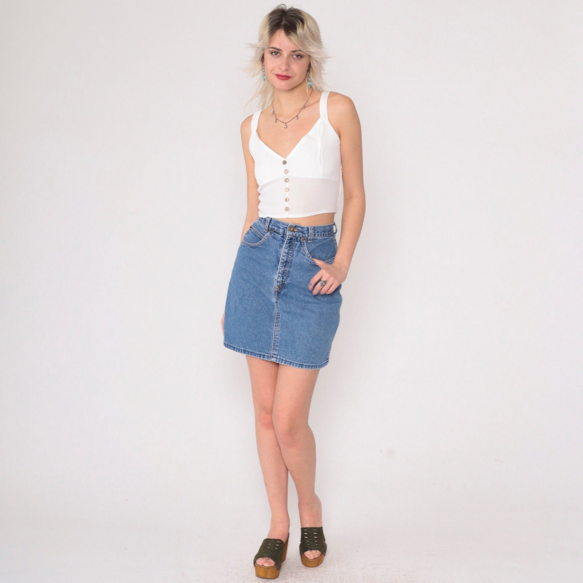 90s Brooks Rugged Wear Denim Mini Skirt High Waisted Pencil Blue Extra Small