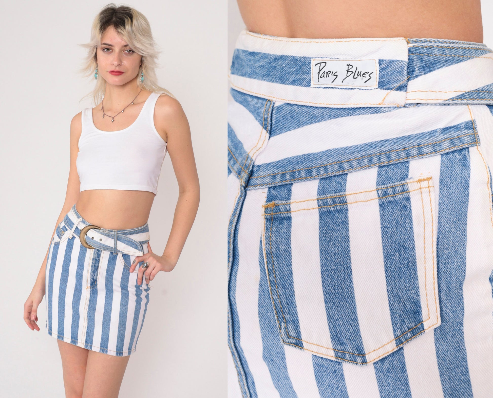 90s Paris Blues Striped Denim Mini Skirt High Waist Belt White Blue Extra Small