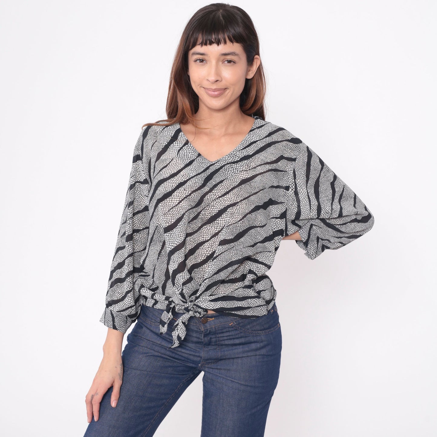 90s Animal Print Blouse Snakeskin Tiger Stripe Tie Waist V Neck Long Sleeve Black White Large L
