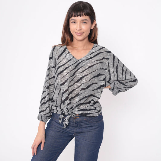 90s Animal Print Blouse Snakeskin Tiger Stripe Tie Waist V Neck Long Sleeve Black White Large L