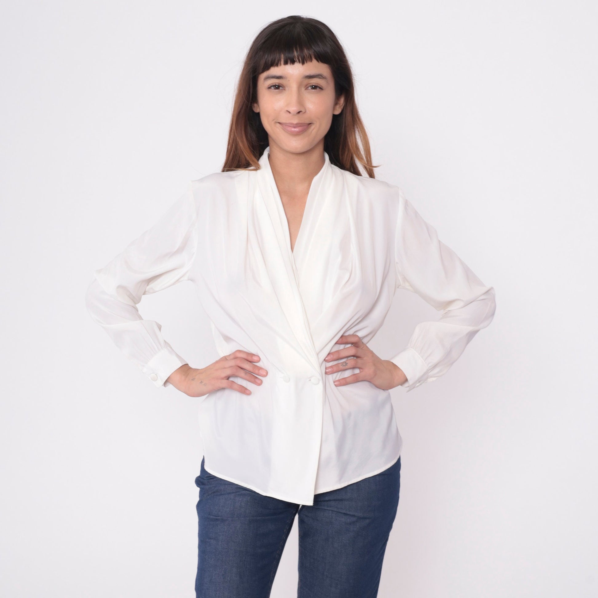 90s White Double Breasted Button Up Blouse V Neck Long Sleeve Small