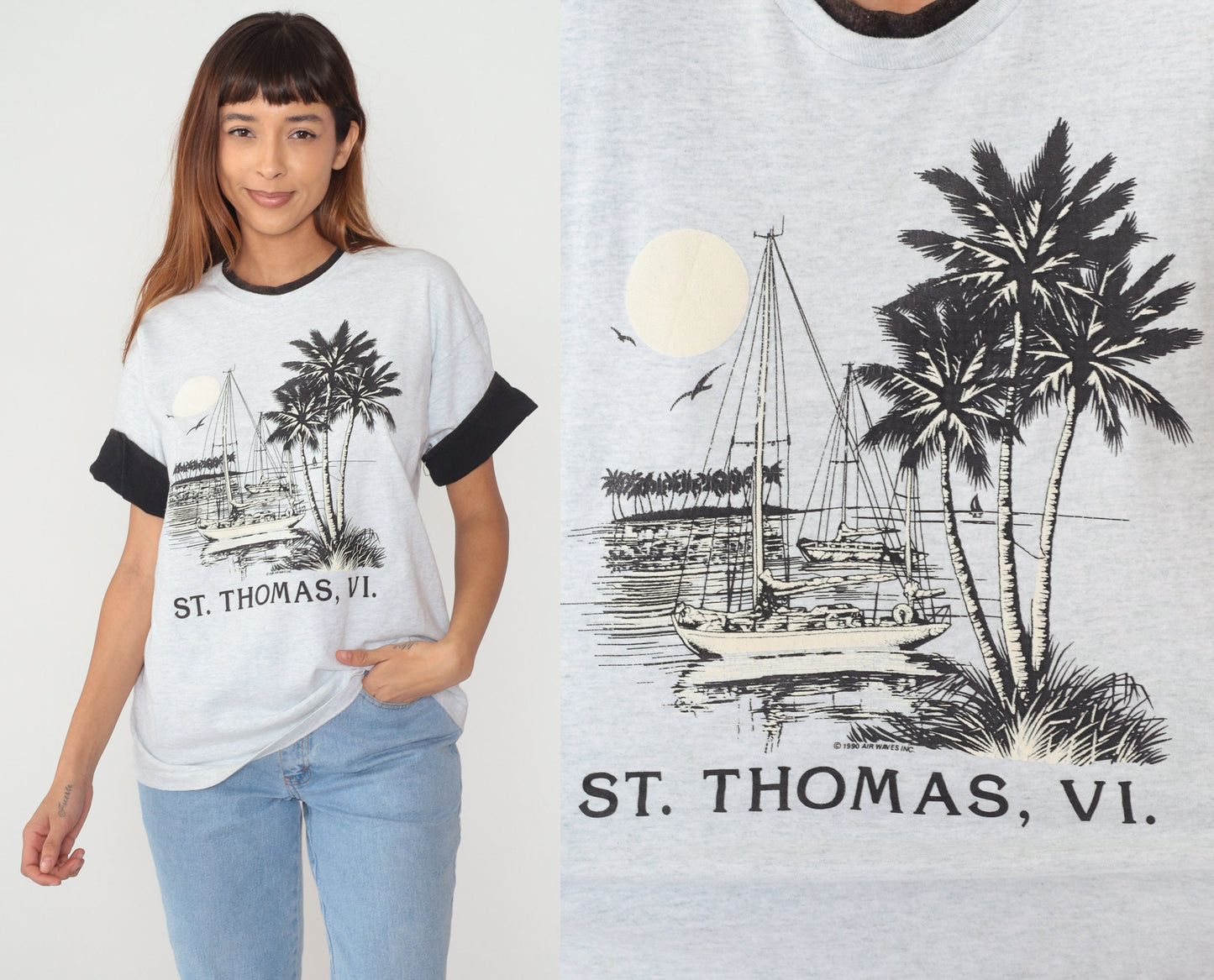90s St Thomas Virgin Islands Sailboat Graphic Tee Heather Grey Large
