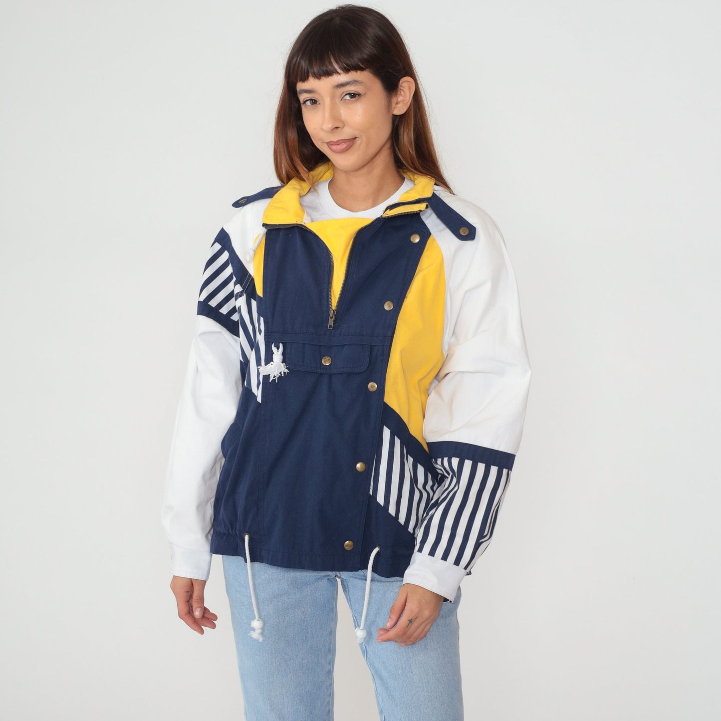 90s Hunt Club Windbreaker Jacket Quarter Zip Hooded Colorblock White Navy Yellow Medium