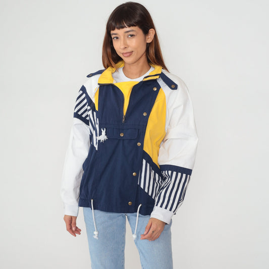 90s Hunt Club Windbreaker Jacket Quarter Zip Hooded Colorblock White Navy Yellow Medium