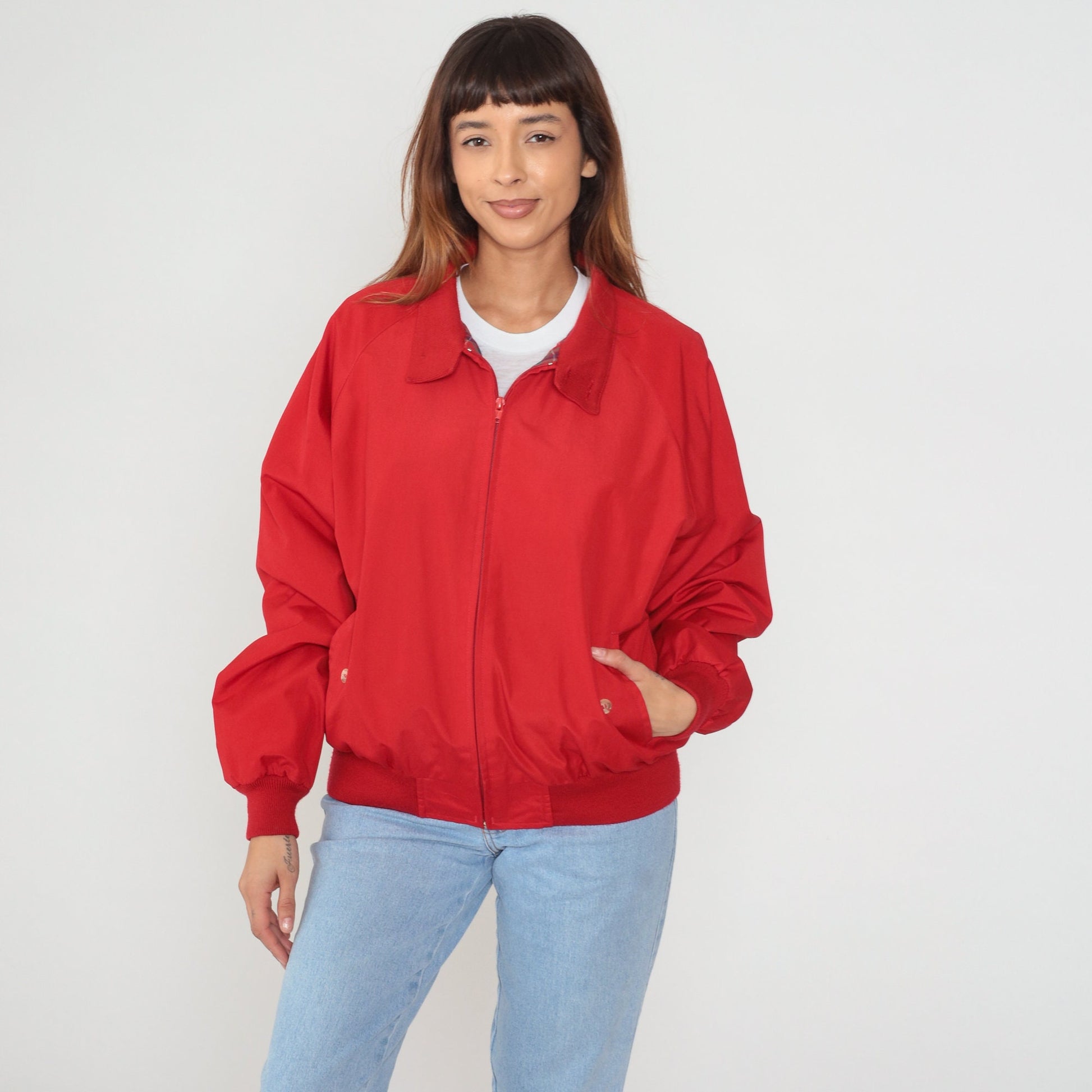 90s Land's End Red Windbreaker Jacket Plaid Lined Zip Up Large