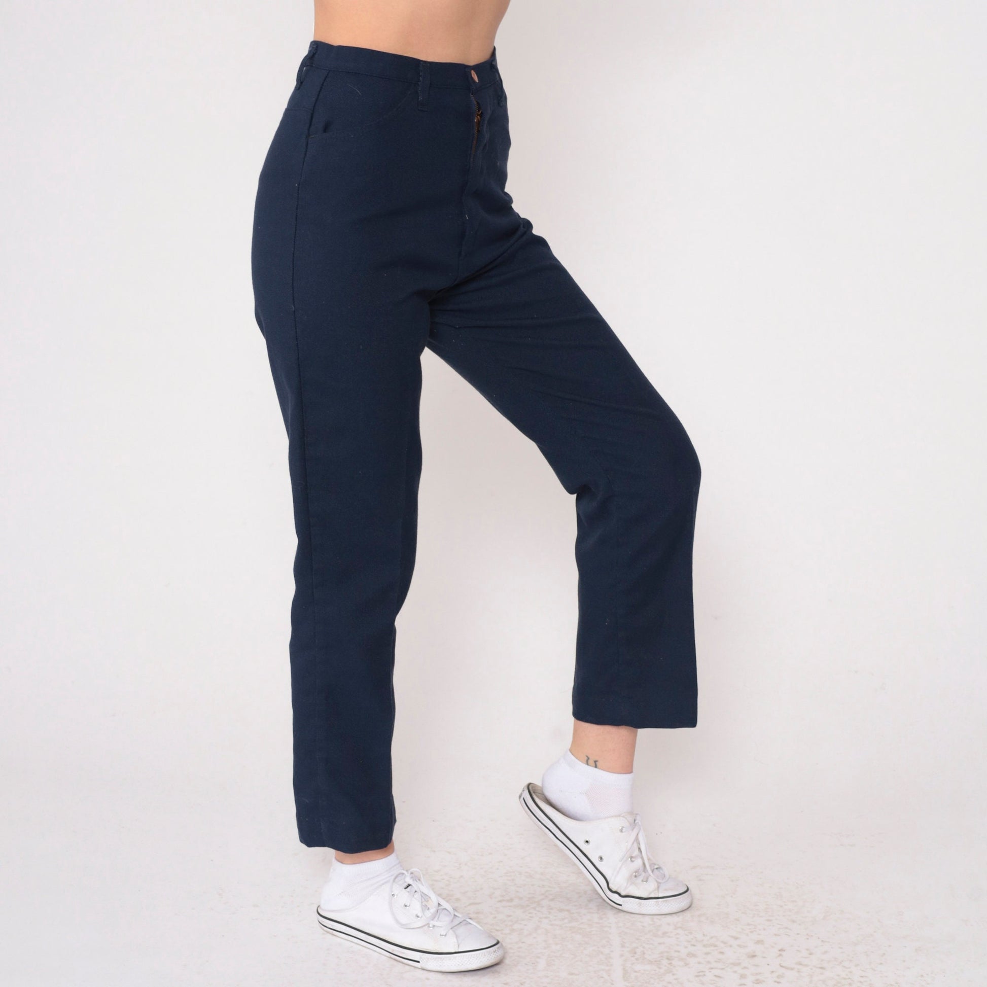 70s Navy High-Rise Straight Leg Trousers Creased Vintage Extra Small