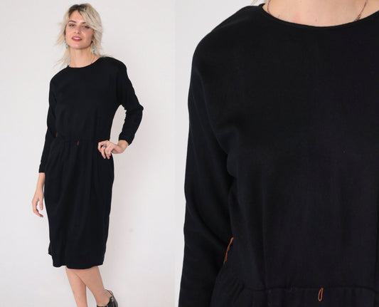 80s Black Midi Dress High Waist Pleated Pockets Long Sleeve Medium Large