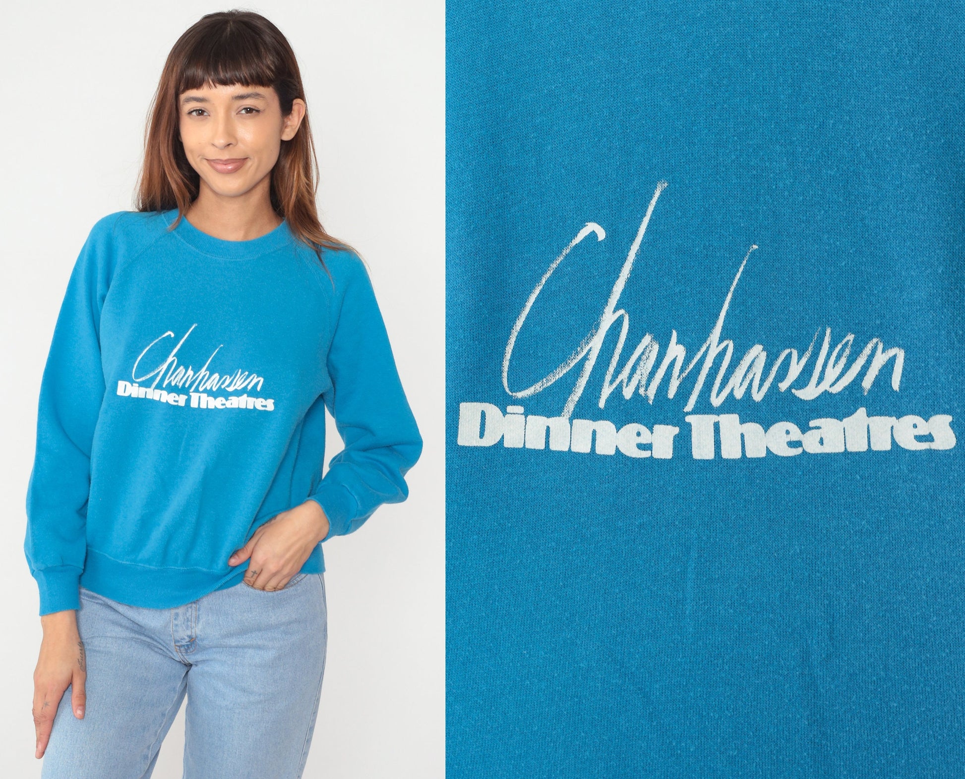 80s Chanhassen Dinner Theatres Minnesota Raglan Sweatshirt Turquoise Graphic Medium