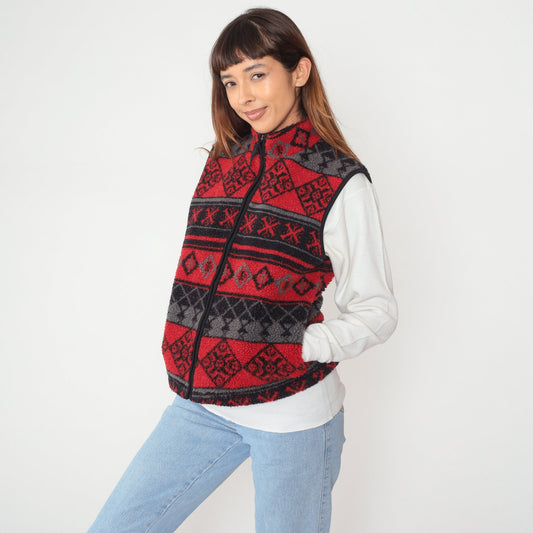 90s Northwest Blue Fleece Vest Red Geometric Striped Zip-Up Medium M