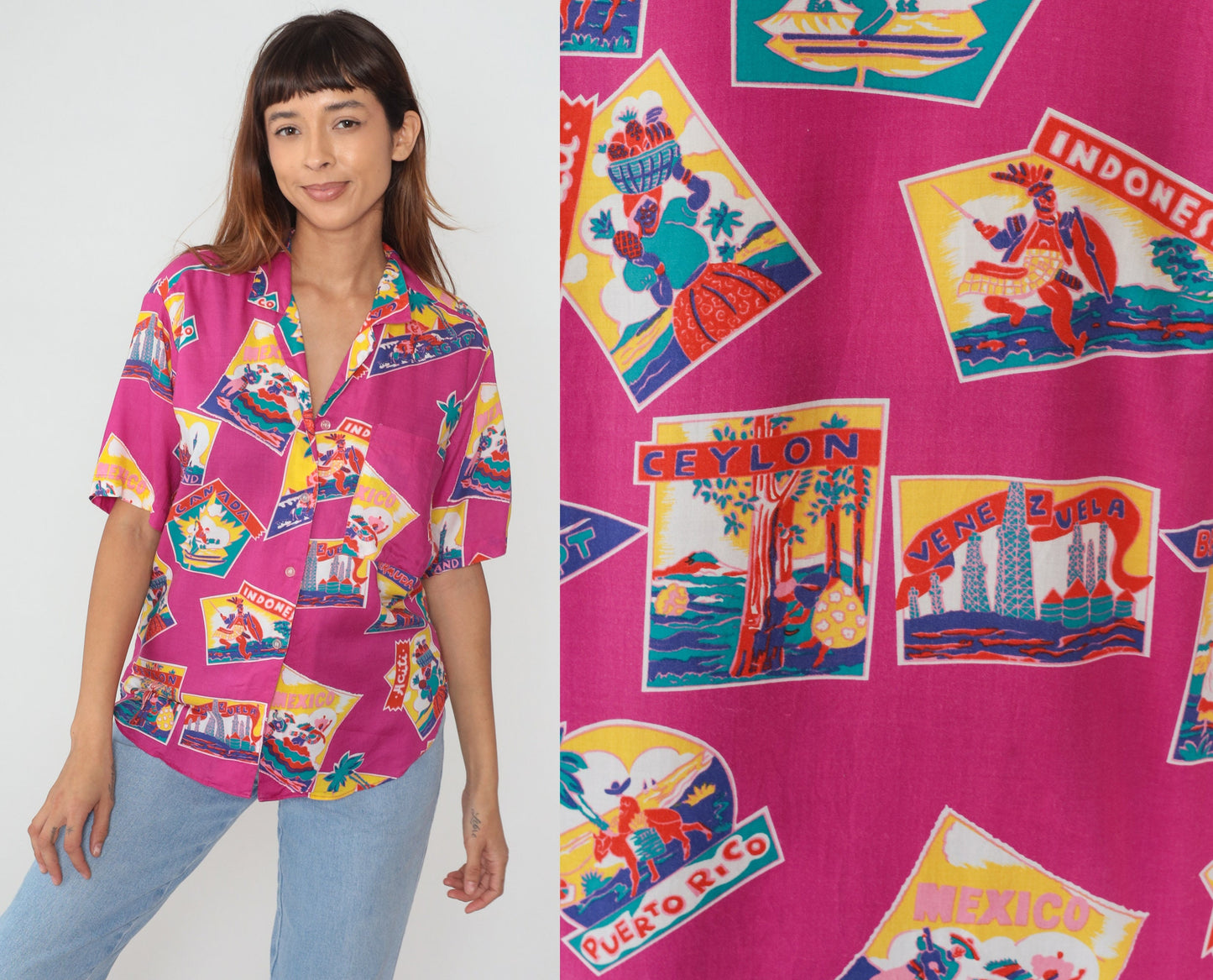 80s Gap Travel Print Button-Up Blouse Pink World Map Short Sleeve Small S