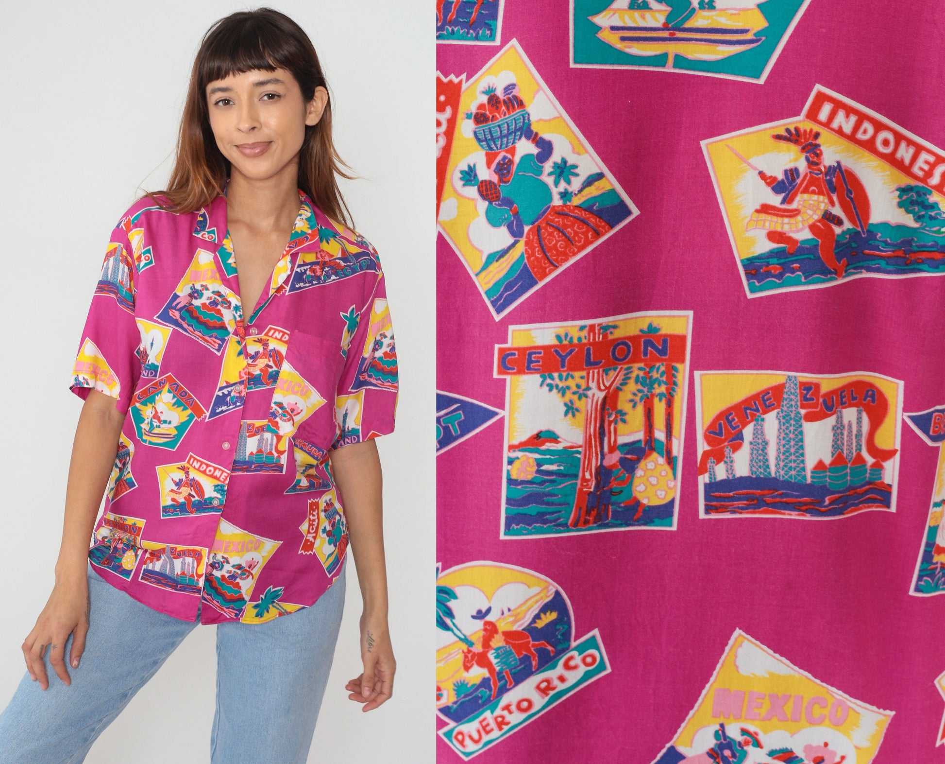 80s Gap Travel Print Button-Up Blouse Pink World Map Short Sleeve Small S