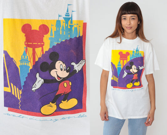 90s Walt Disney World Mickey Mouse Graphic T-Shirt White Cotton Large L