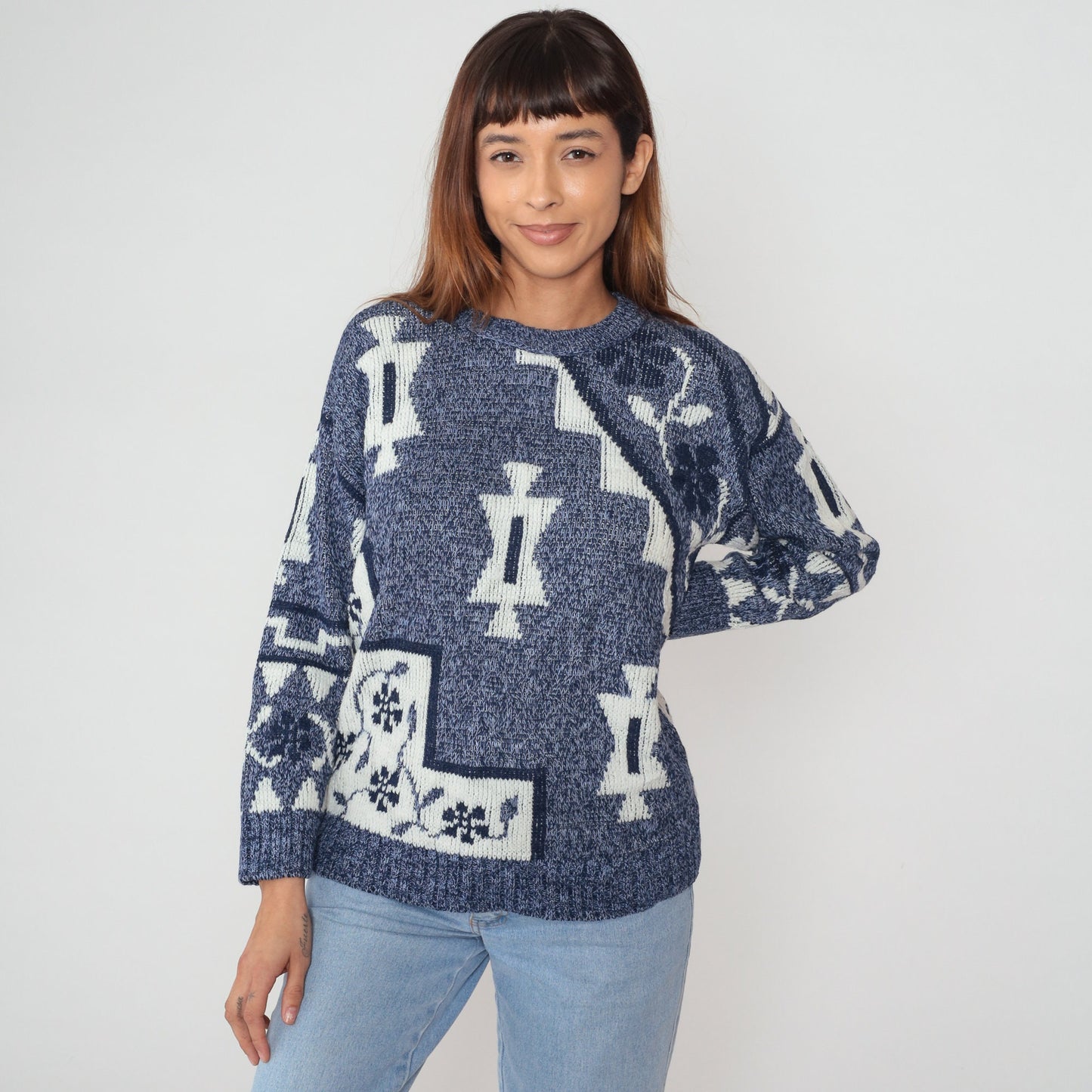 90s Blue Geometric Floral Knit Sweater Crewneck Pullover Small S