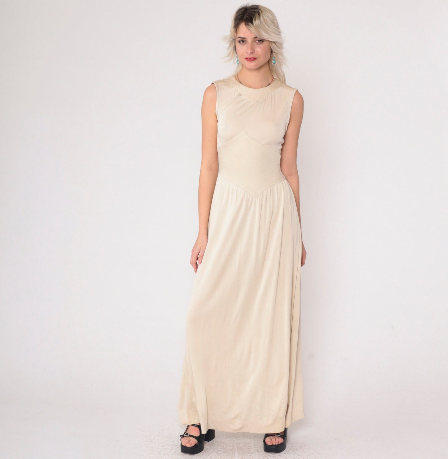 1970s Beige Asymmetrical Chevron Maxi Dress High Neck Sleeveless Small