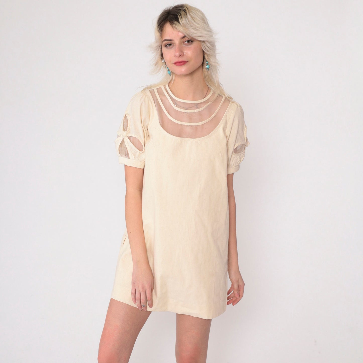 00s Cream Mini Dress Mesh Puff Sleeve Cutout Illusion Neckline Small S