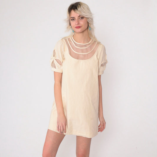 00s Cream Mini Dress Mesh Puff Sleeve Cutout Illusion Neckline Small S