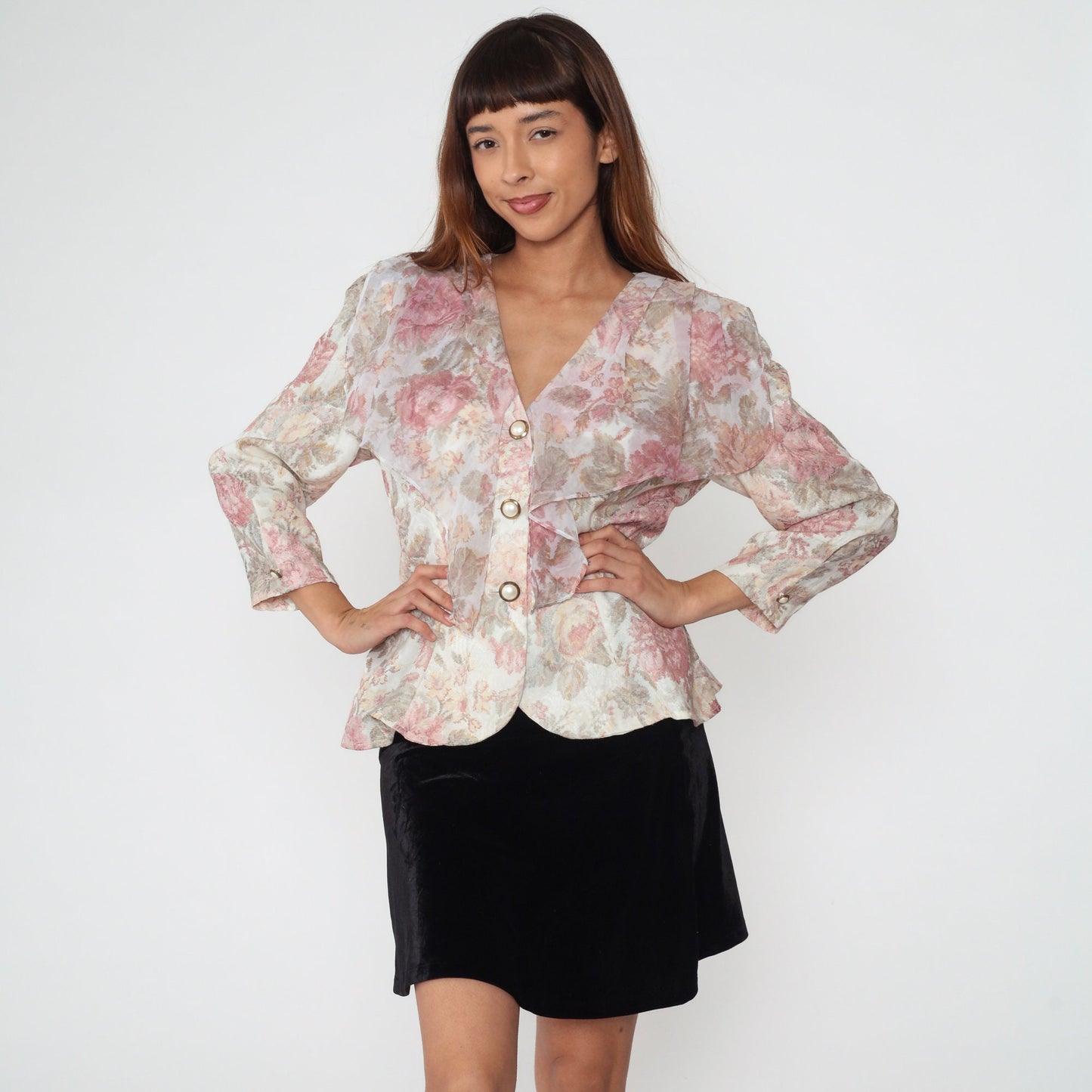 90s Floral Ruffle Blouse White Pink Button Up Long Sleeve Medium