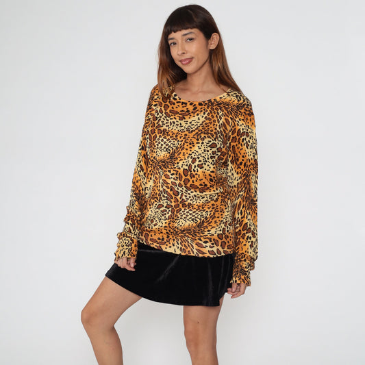 00s Cheetah Print Knit Sweater Long Sleeve Animal Print Top Large