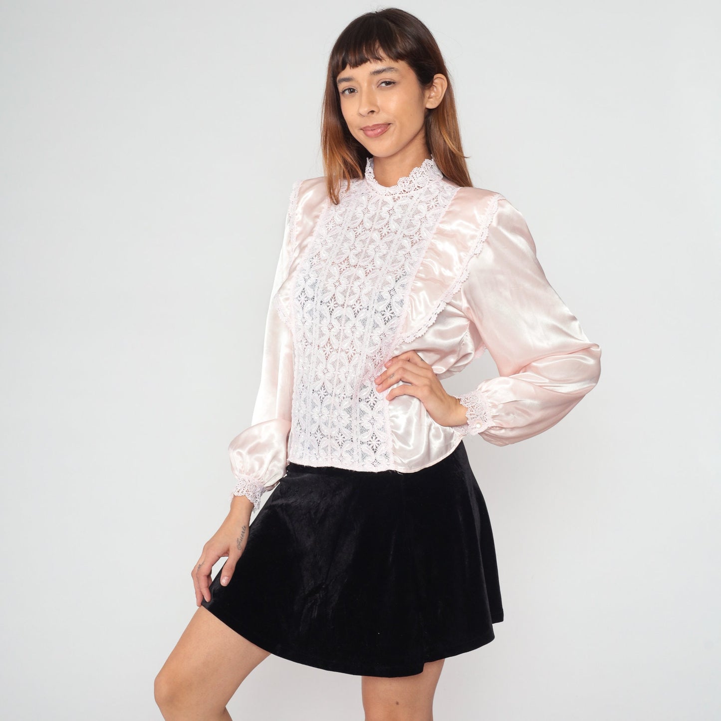 80s Baby Pink Lace Blouse Mock Neck Ruffled Long Sleeve Satin Shirt Medium