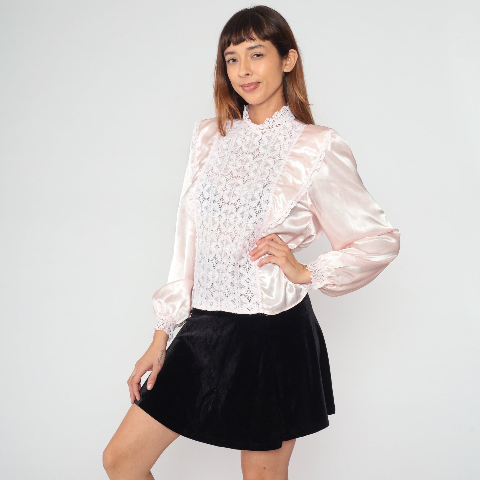 80s Baby Pink Lace Blouse Mock Neck Ruffled Long Sleeve Satin Shirt Medium