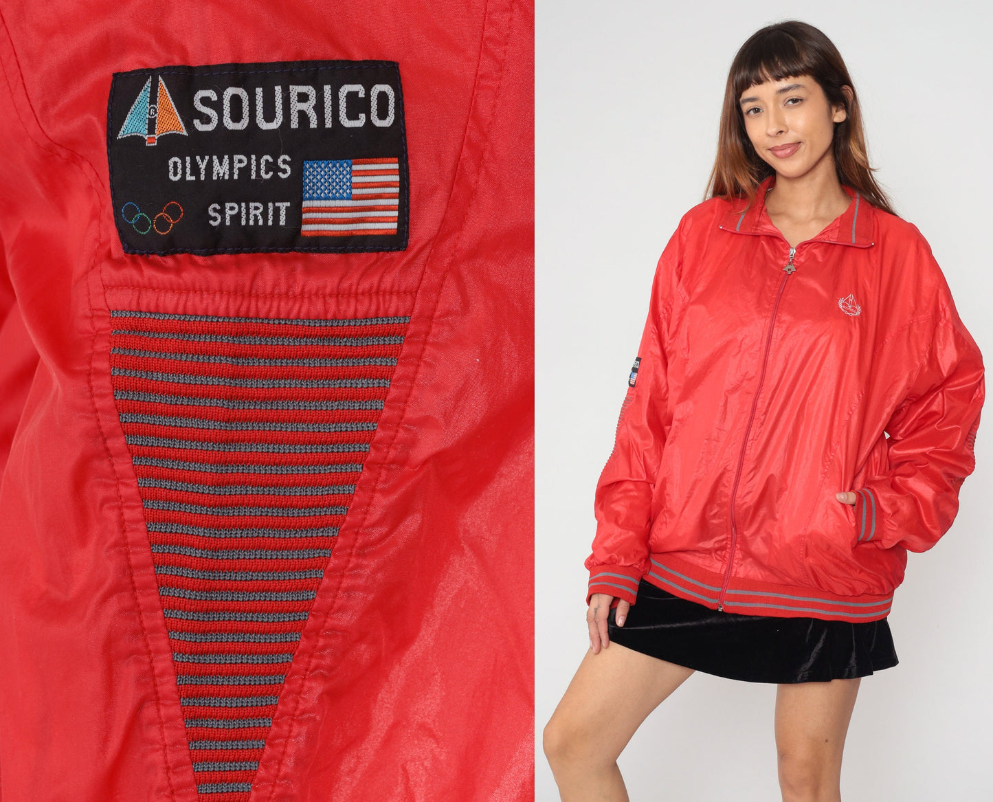 90s Sourico Bomber Jacket Red American Flag Olympics Spirit Zip Windbreaker XXL