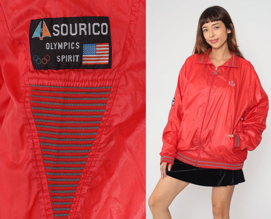 90s Sourico Bomber Jacket Red American Flag Olympics Spirit Zip Windbreaker XXL