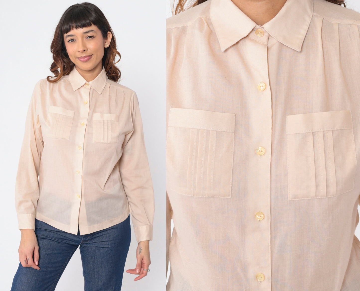 70s 80s College Town Beige Button-Up Shirt Chest Pockets Long Sleeve Small