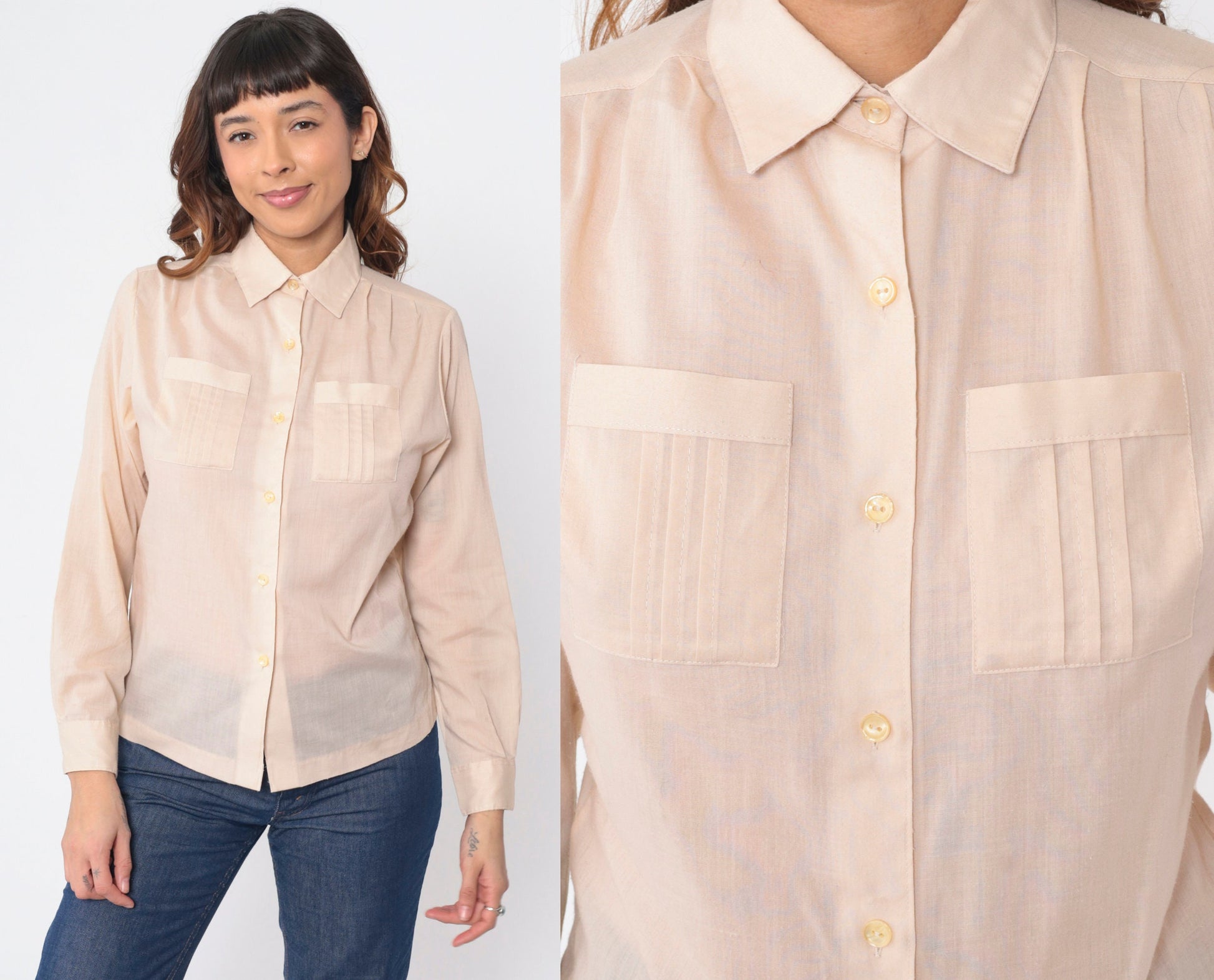 70s 80s College Town Beige Button-Up Shirt Chest Pockets Long Sleeve Small