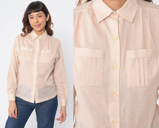 70s 80s College Town Beige Button-Up Shirt Chest Pockets Long Sleeve Small