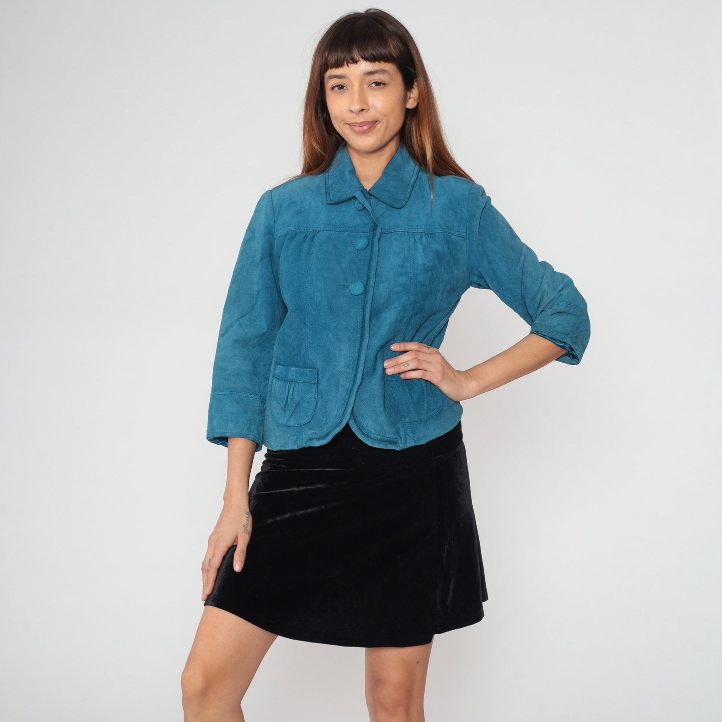 Y2K Chico's Blue Suede Jacket Cropped Button-Up 3/4 Sleeve Extra Small