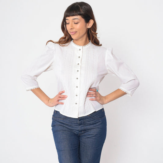70s Lanz Originals White Prairie Blouse Puff Sleeve Pintuck Button Up Small
