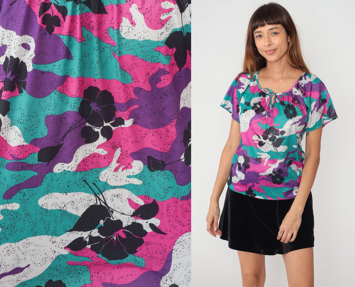 80s Tropical Floral Keyhole Tie Neck Blouse Abstract Print Short Sleeve Small Medium