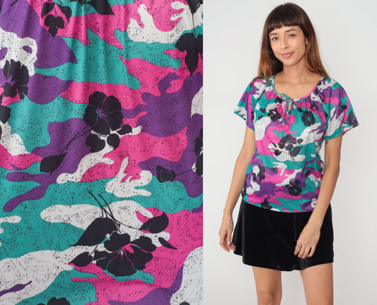 80s Tropical Floral Keyhole Tie Neck Blouse Abstract Print Short Sleeve Small Medium